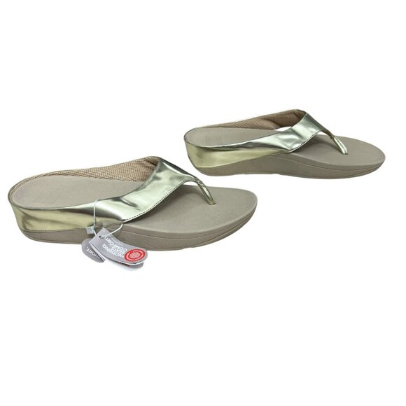 NWT Fitflop Ringer Leather Gold Metallic thong women's wedge sandals size 10 - Picture 1 of 9